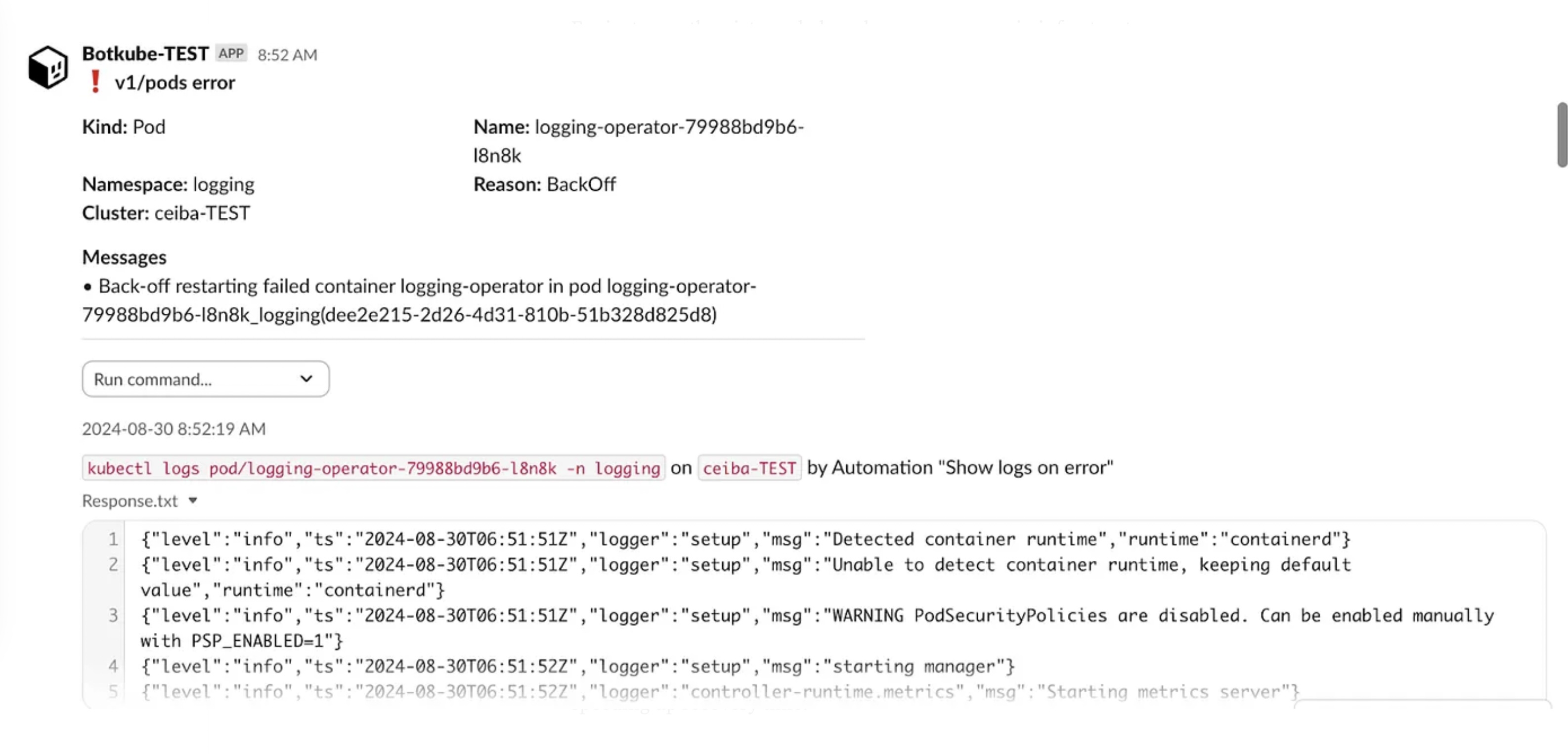 Botkube OOM notification on Slack